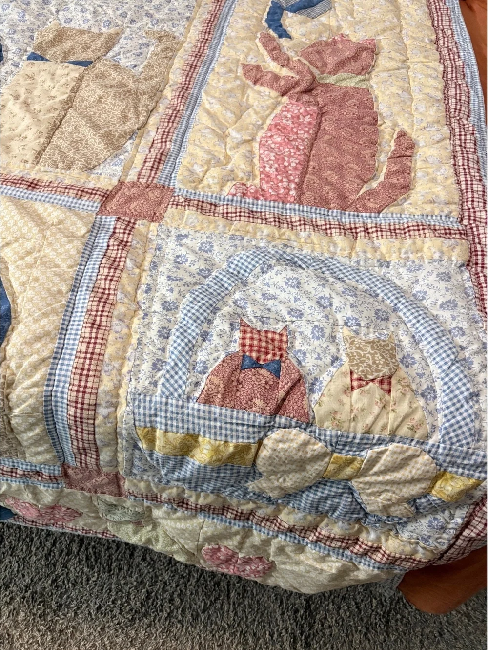 Vintage PEM America Cat Quilt Twin 68x86 Fishbowl Cottagecore Patchwork Cotton